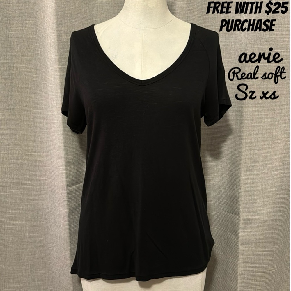 FREE WITH $25 PURCHASE-aerie “Real Soft” Basic Black Tee-Sz xs-V neck